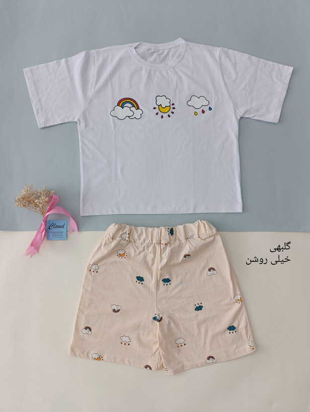 ست کراپ شورتک زنانه و دخترانه نخ پنبه تیشرت شلوارک ابری