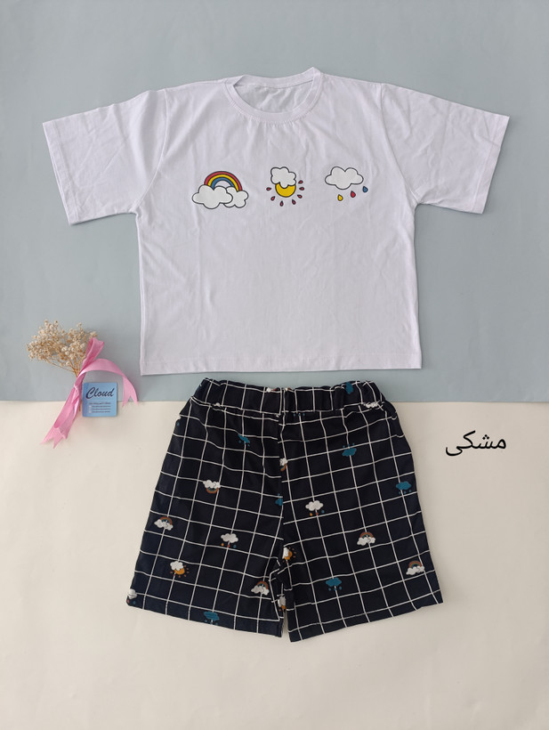 ست کراپ شورتک زنانه و دخترانه نخ پنبه تیشرت شلوارک ابری