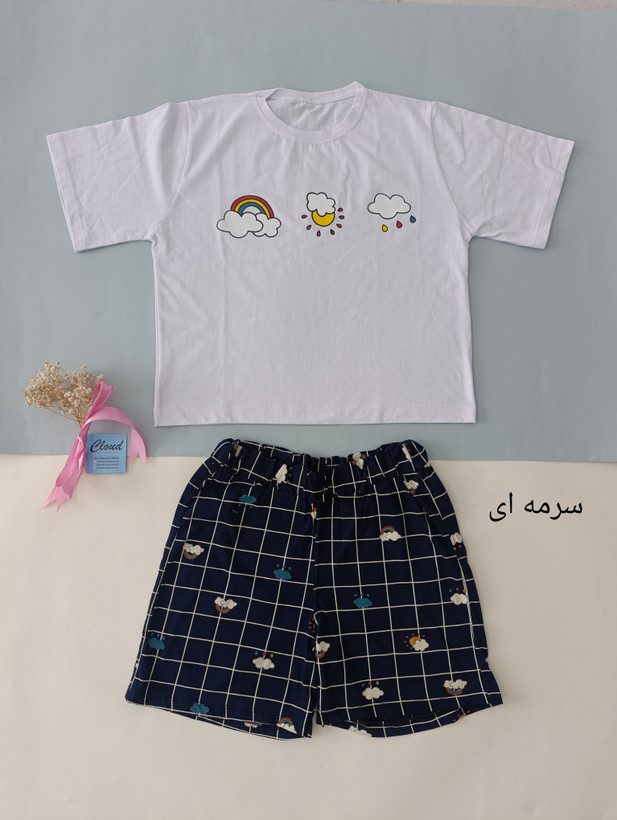 ست کراپ شورتک زنانه و دخترانه نخ پنبه تیشرت شلوارک ابری