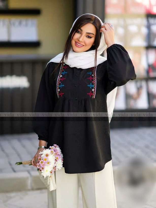 شومیز مانتویی تونیک گلدوزی زنانه جلو دکمه